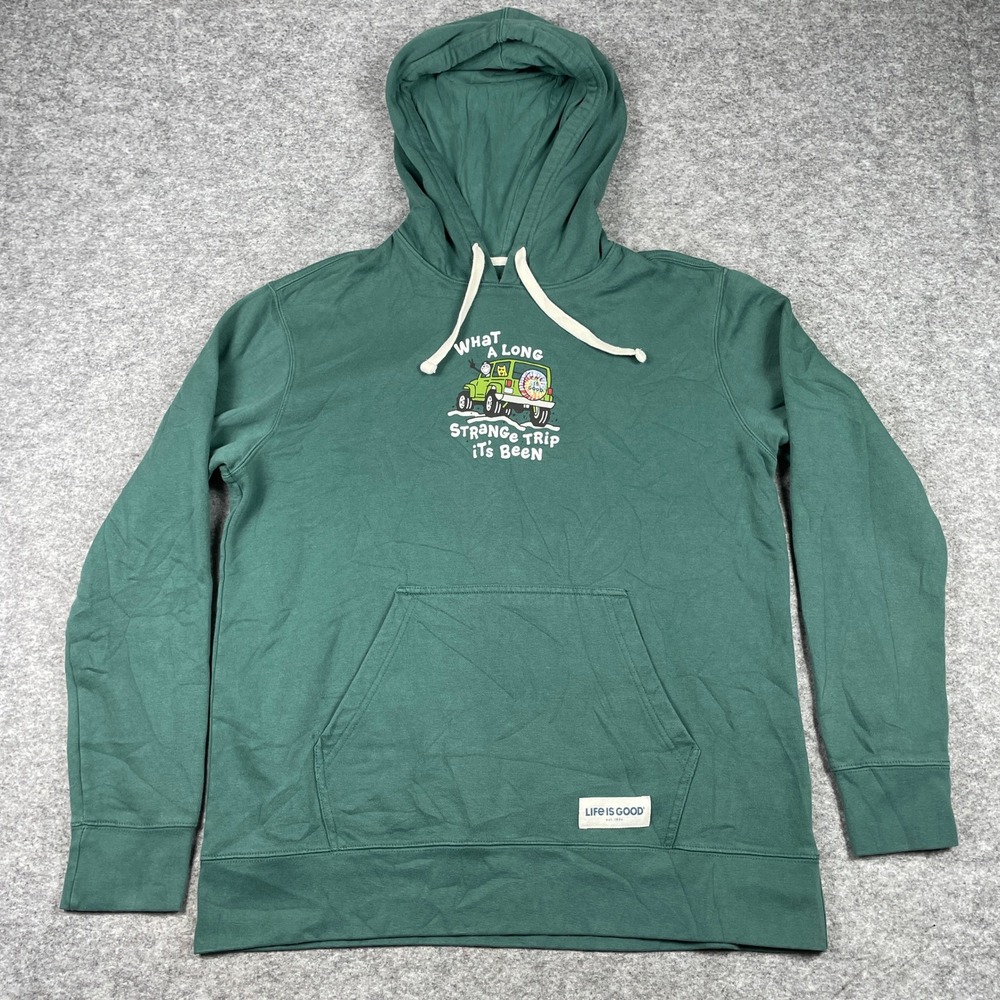 Life Is Good Hoodie Mens Large Green Long Strange Trip Jeep Pullover Sweatshirt